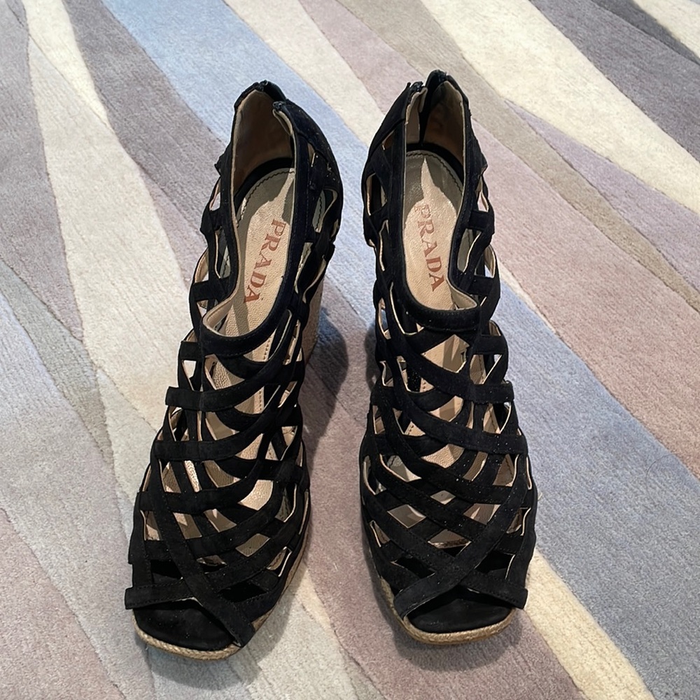 Prada Cage Black Suede Sandals size 40 Espandrilles
